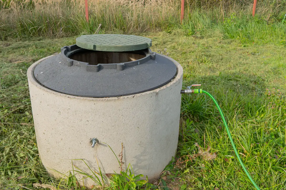 Zbiornik na deszczówkę z podłączonym wężem ogrodowym umieszczony na trawniku