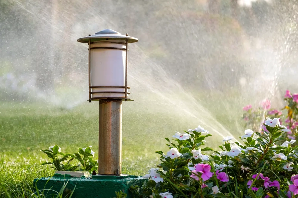 Nawadnianie ogrodu – trawa ze zraszaczem między kolorowymi kwiatami i lampą ogrodową